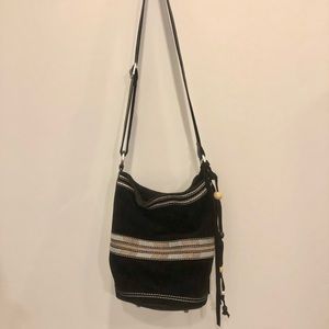 TOMS boho round bucket bag black suede tasseled